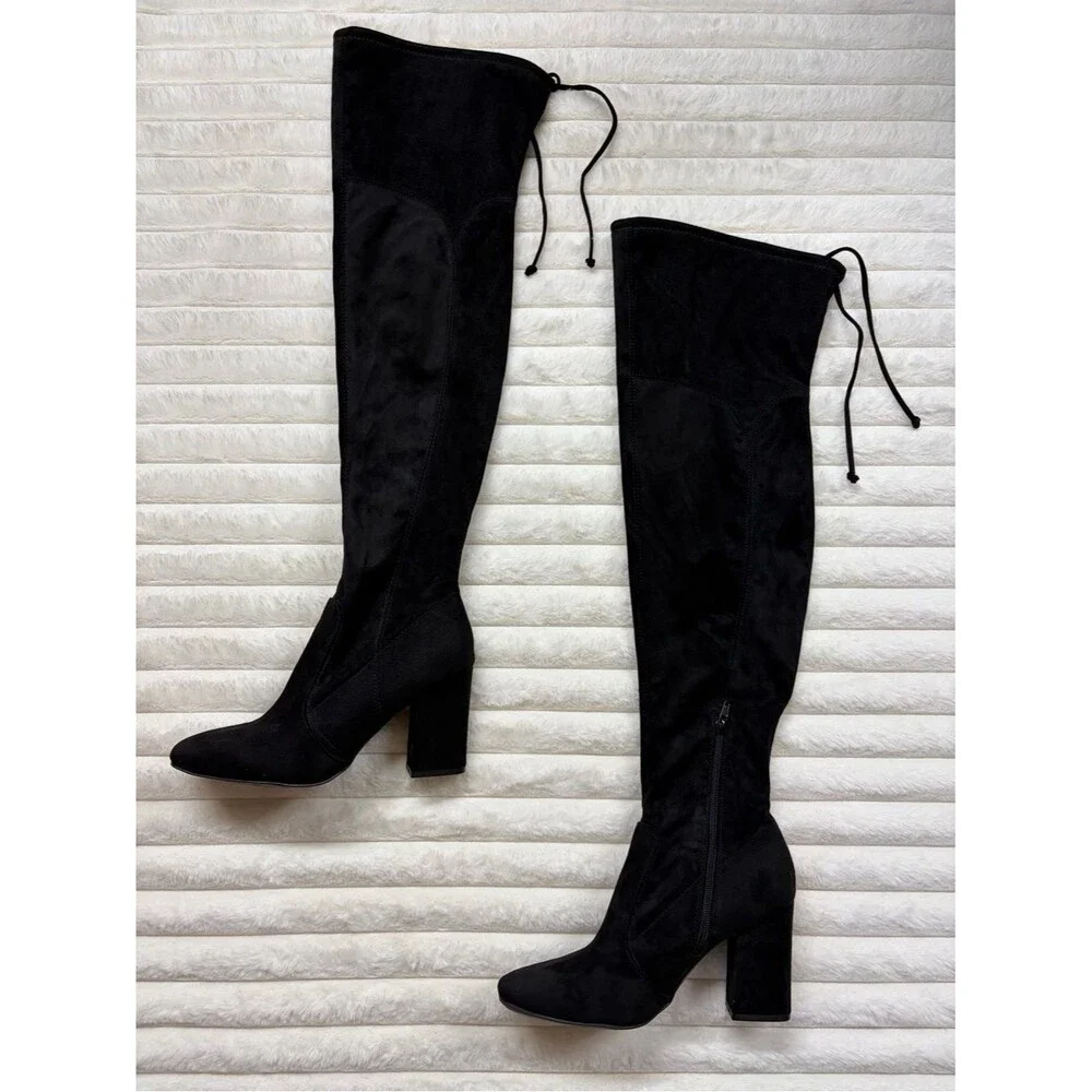 Black Faux Suede Thigh High Boots Block Heel Stretch Fit Size 8 Over The Knee
